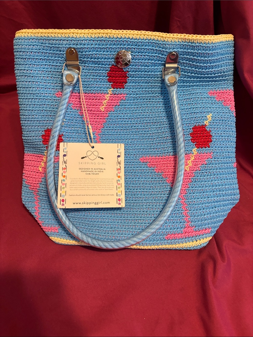 Blue Crochet Tote with Pink & Red Cocktail Motifs